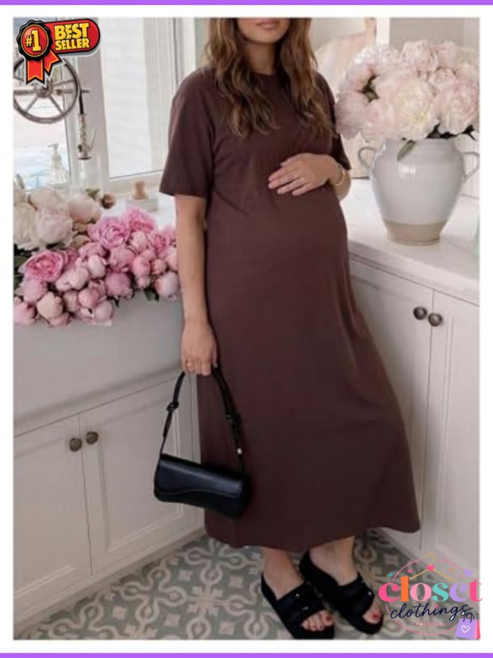 Maternity Maxi Dress Short Sleeve Loose Fit Summer Casual Pregnancy Tshirt Dress - Picture 3 of 4